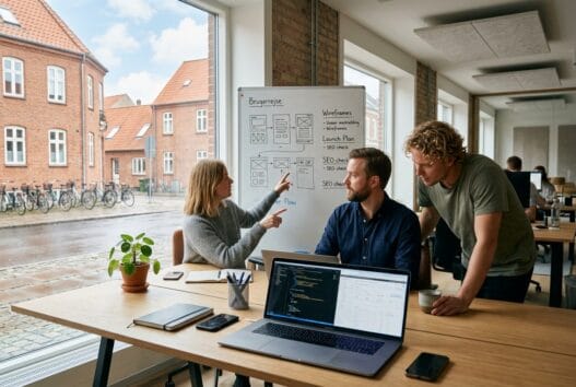 Team arbejder med webdesign og digitale strategier på et moderne kontor i oddense