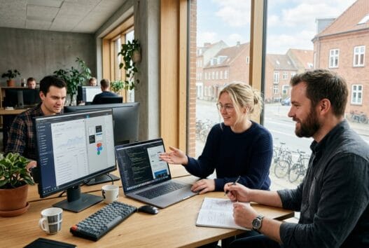 Team arbejder med webdesign og digitale løsninger på et moderne kontor i Odense