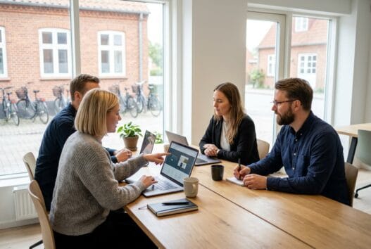 Dansk team arbejder med webdesign og SEO i moderne kontor med udsigt over ødis