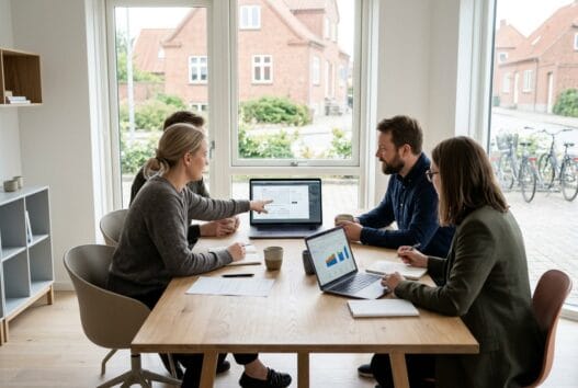 Dansk webbureau i Ødsted med team foran skærme og digitale dashboards i moderne kontor