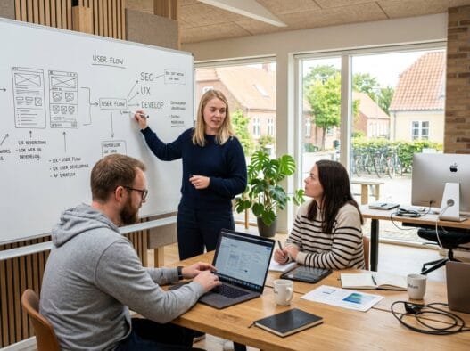 Moderne webbureau i Ødum med dansk team ved computer og digitale dashboards