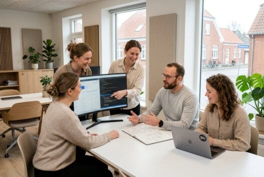 Moderne webbureau i Ølgod med dansk team foran skærme og digitale dashboards