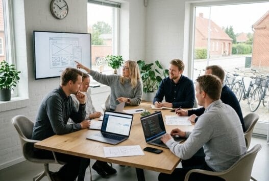 Webbureau i Ølsted (3310) med dansk team foran computere i et lyst, moderne kontormiljø