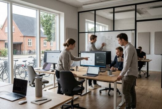 Moderne webbureau i Ølsted (8380) med dansk team foran computerskærme i lyst kontormiljø