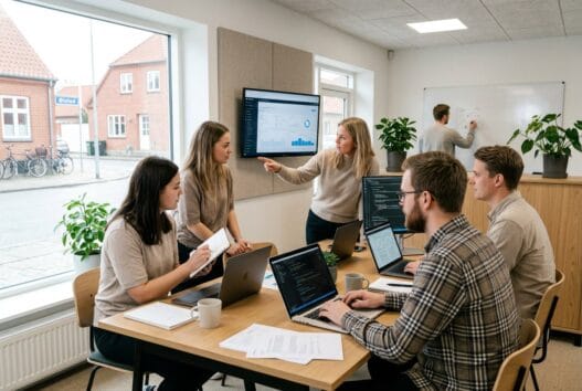 Moderne webbureau i Ølsted (8723) med team ved computer i lyst skandinavisk kontor