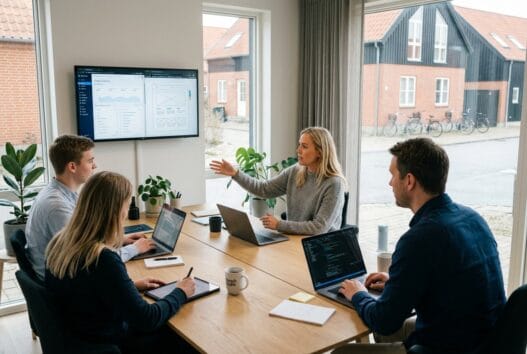 Moderne webbureau i Ølsted Strandhuse med dansk team ved computer og digitale dashboards
