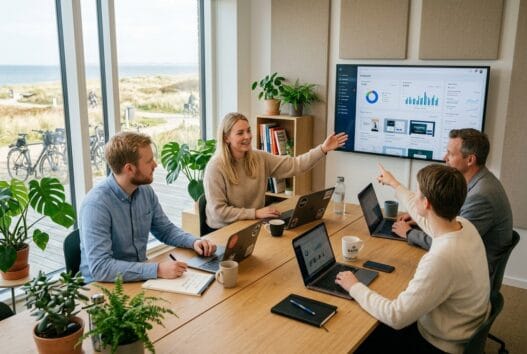 Moderne kontormiljø med dansk team og digitale arbejdsprocesser i ølsted sydstrand