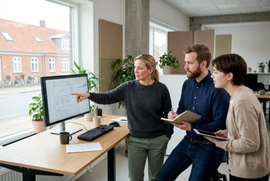 Dansk webbureau i ølstrup med team ved computer og digitale dashboards i moderne kontor
