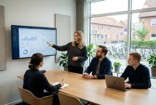 Moderne webbureau i ølstykke med dansk team ved computer og digitale dashboards