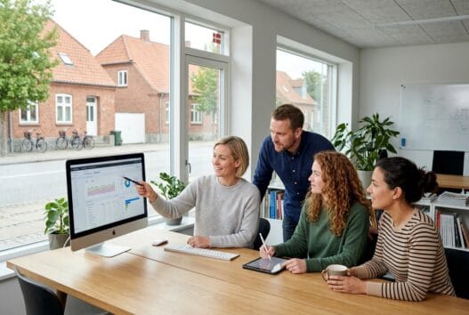Realistisk webbureau-team arbejder med design og data i ønslev