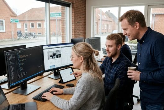 Dansk webbureau i Oer Jerstal med team foran dashboards i moderne kontorlys