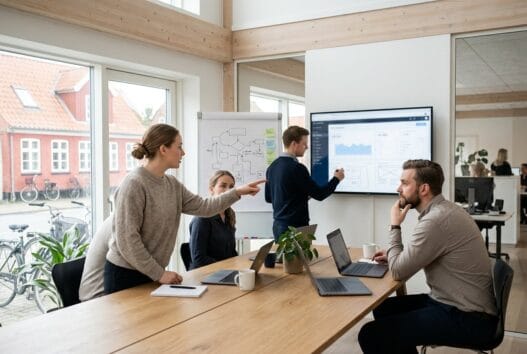 Skandinavisk webteam arbejder med digitale løsninger på moderne kontor i ørbæk