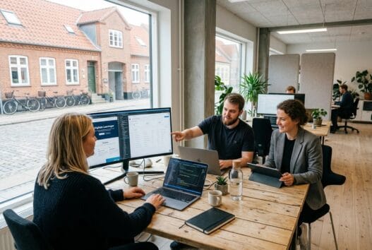 Skandinavisk webbureau i ørby med team ved computer og digitale dashboards