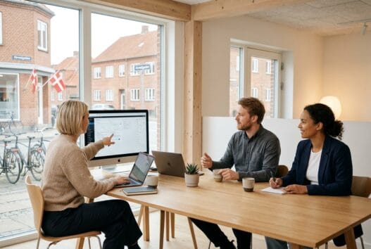 Skandinavisk team arbejder med digitale løsninger i et moderne kontor i Ørnhøj