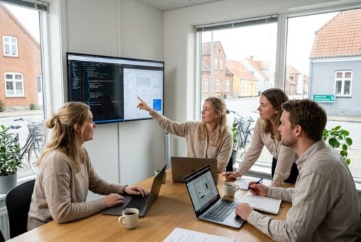 Moderne webbureau i Ørslev (4760) med dansk team foran computere i lyst kontor