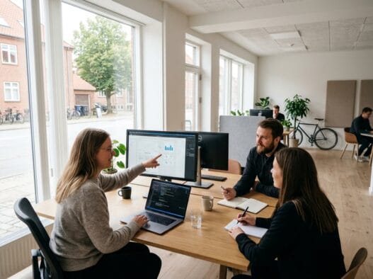Moderne webbureau i Ørsted (8950) med team ved computere og digitale dashboards