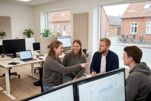 Moderne webbureau med dansk team ved computer og dashboards i ørting