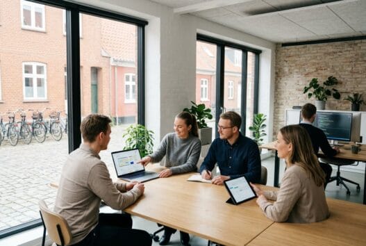 Dansk webbureau i Øsby med team foran computer og digitale dashboards i moderne kontor