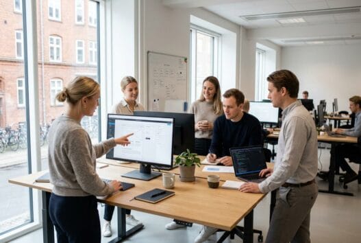 Moderne webbureau i øsløs med danske medarbejdere, der arbejder med design, kode og digitale løsninger