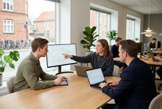 Moderne webbureau i Østengård med dansk team foran skærme og digitale dashboards