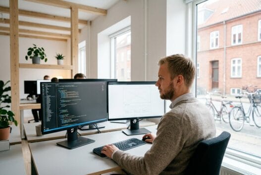Moderne webbureau i Øster Assels med dansk team ved computere og digitale dashboards