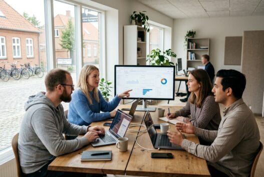Moderne kontormiljø med danske medarbejdere og digitale løsninger i øster bjerregrav