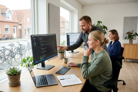 Moderne webbureau i øster bording med team ved computer og digitale dashboards