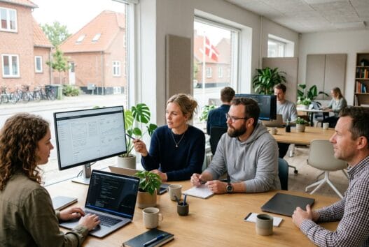 Moderne webbureau i øster doense med dansk team foran skærme og digitale dashboards