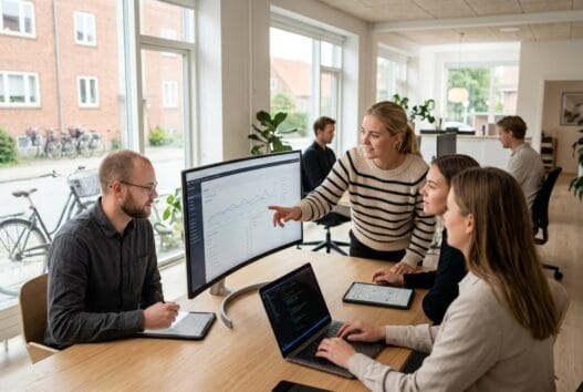 Moderne webbureau i øster jølby med dansk team foran computer og dashboards