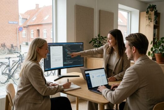 Dansk webbureau i øster kippinge med team ved computere og digitale dashboards