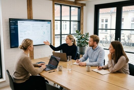 Moderne kontormiljø med danske medarbejdere, der arbejder med webdesign og SEO i øster lindet