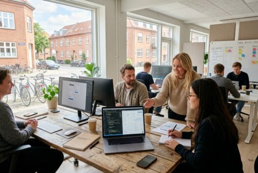 Skandinavisk webbureau i øster lyng med team, der arbejder med digital strategi og design ved computere