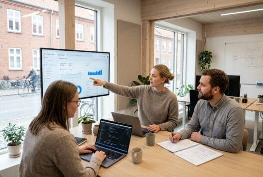 Dansk webbureau i Øster Snede med team ved computer og digitale skærme i moderne kontormiljø