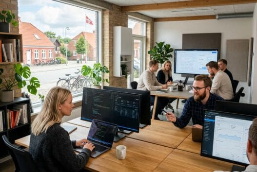 Danskt webbureau i øster ulslev med team ved computer og digitale dashboards