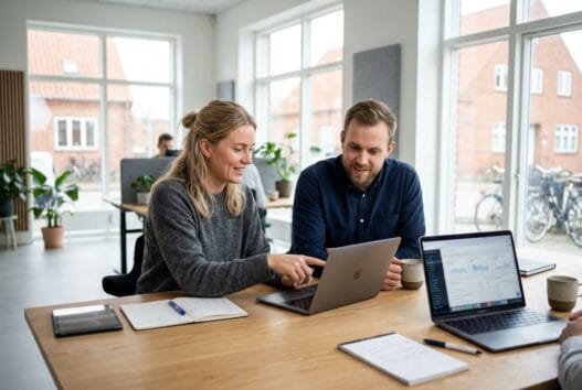 Skandinavisk team arbejder med webdesign og SEO i et moderne kontor i øster vedsted