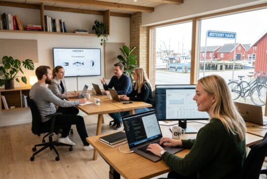 Moderne webbureau i østerby havn med dansk team foran skærme og digitale dashboards