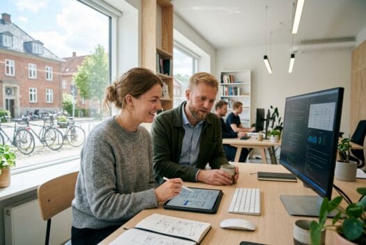 Dansk webteam arbejder med design og SEO i et moderne kontor i Østerild