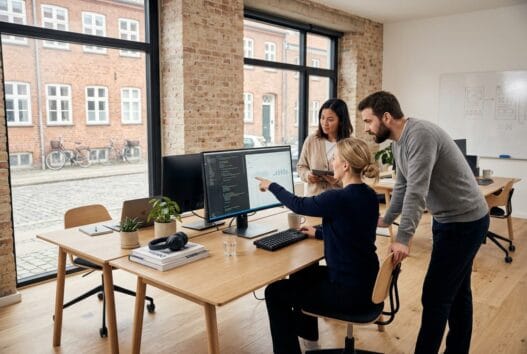 Skandinavisk webbureau i Østerlars med team foran skærme og digitale dashboards i moderne kontor