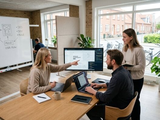 Moderne webbureau i Østervrå med dansk team foran skærme og digitale dashboards