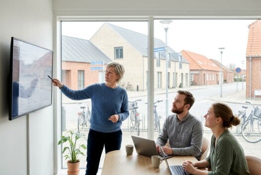 Skandinavisk webbureau i Oksbøl med team ved computer og digitale dashboards i moderne kontor