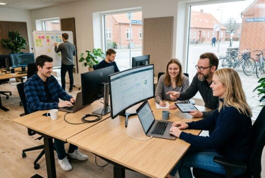 Moderne webbureau i Oksby med skandinaviske medarbejdere, der arbejder ved computer i lyst kontor