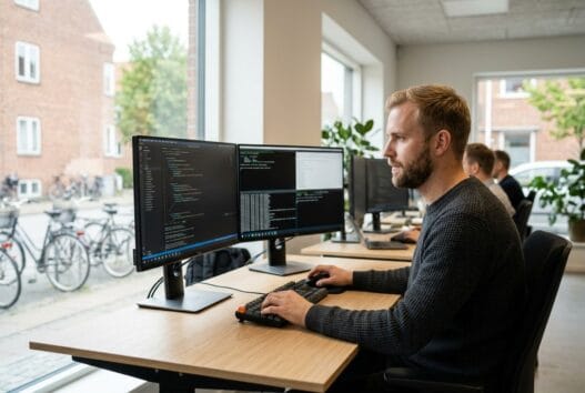 Skandinavisk webteam arbejder med design og data på kontor i Ollerup