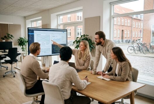 Moderne webbureau i Ommel med dansk team foran computer og digitale dashboards