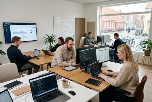 Moderne dansk webteam arbejder ved computere i Onsbjerg med fokus på digital udvikling og SEO
