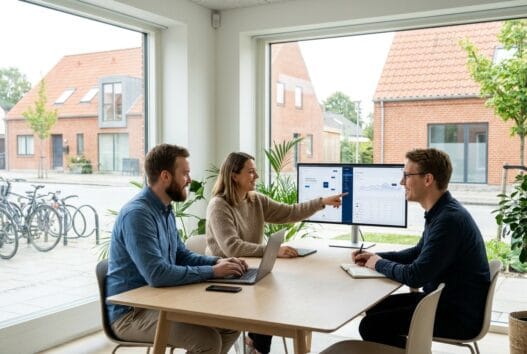 Moderne webbureau i Ordrup Strand med dansk team ved computer og digitale dashboards