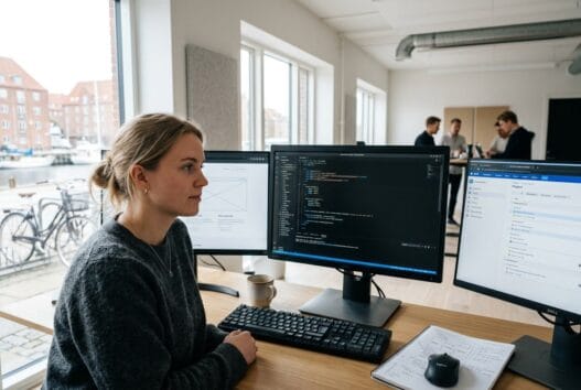 Dansk webbureau i orehoved med team der arbejder ved computere og gennemgår digitale løsninger