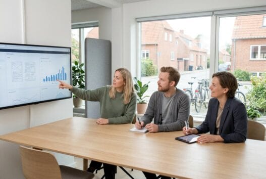 Skandinavisk webbureau i Ortved med team, der arbejder ved computere med digitale dashboards