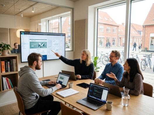 Skandinavisk team arbejder med webdesign og data i et moderne kontor i orup