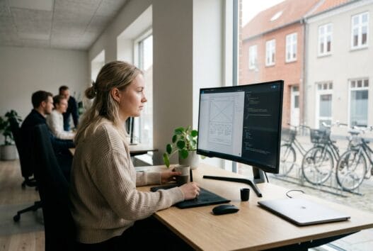 Skandinavisk webbureau i Osted med team ved computerskærme og digitale dashboards