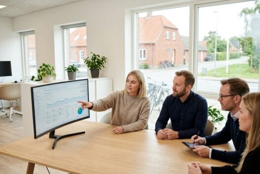 Skandinavisk webbureauteam arbejder ved computer med dashboards i øster vrøgum